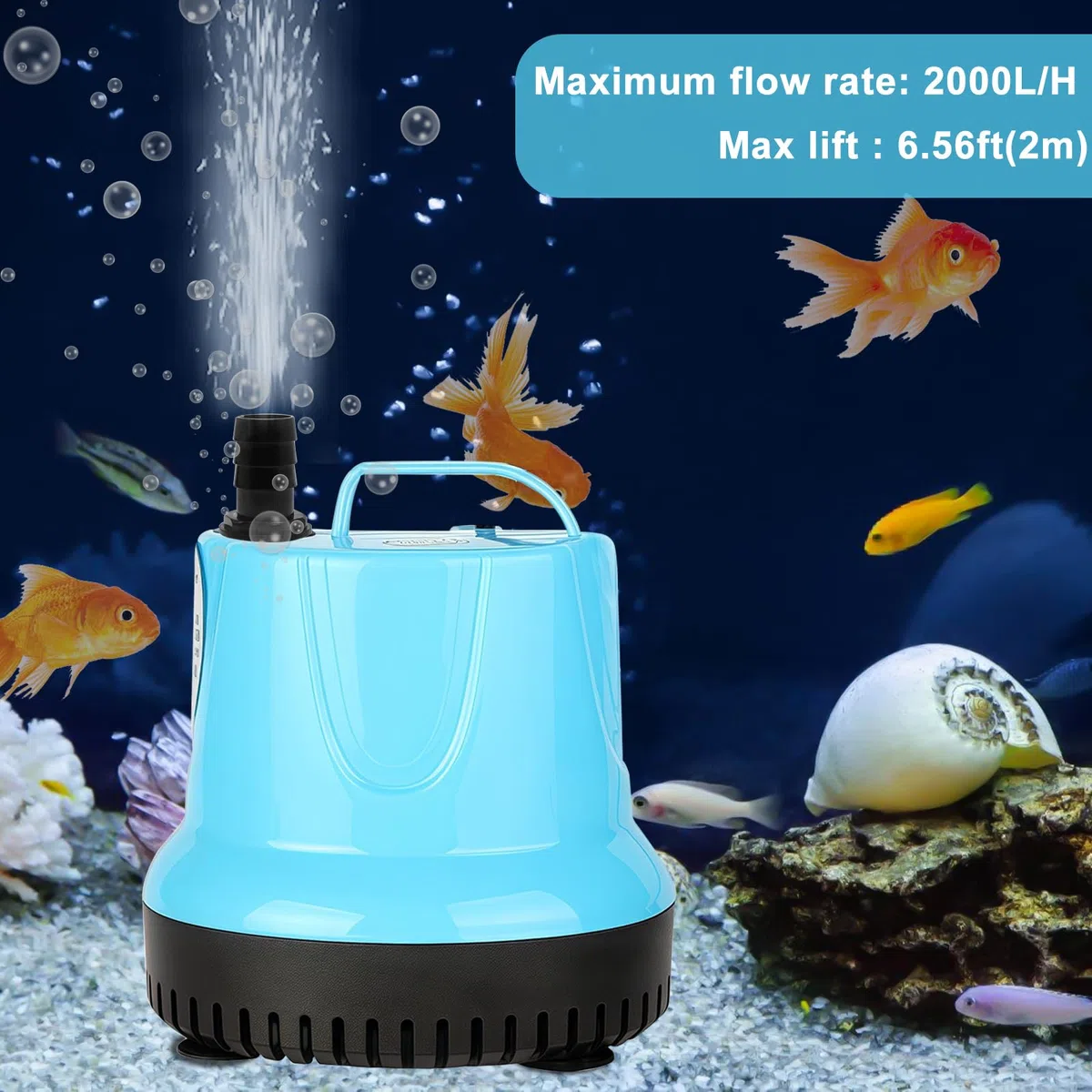 Mini pompa sommergibile da 35 W, 2000 l/h, piccola, ultra silenziosa, per acquario, con 3 ugelli e tubo da 1,5 m da 12 mm, pompa per fontana per laghetti, acquari, giardini, fontane (blu)
