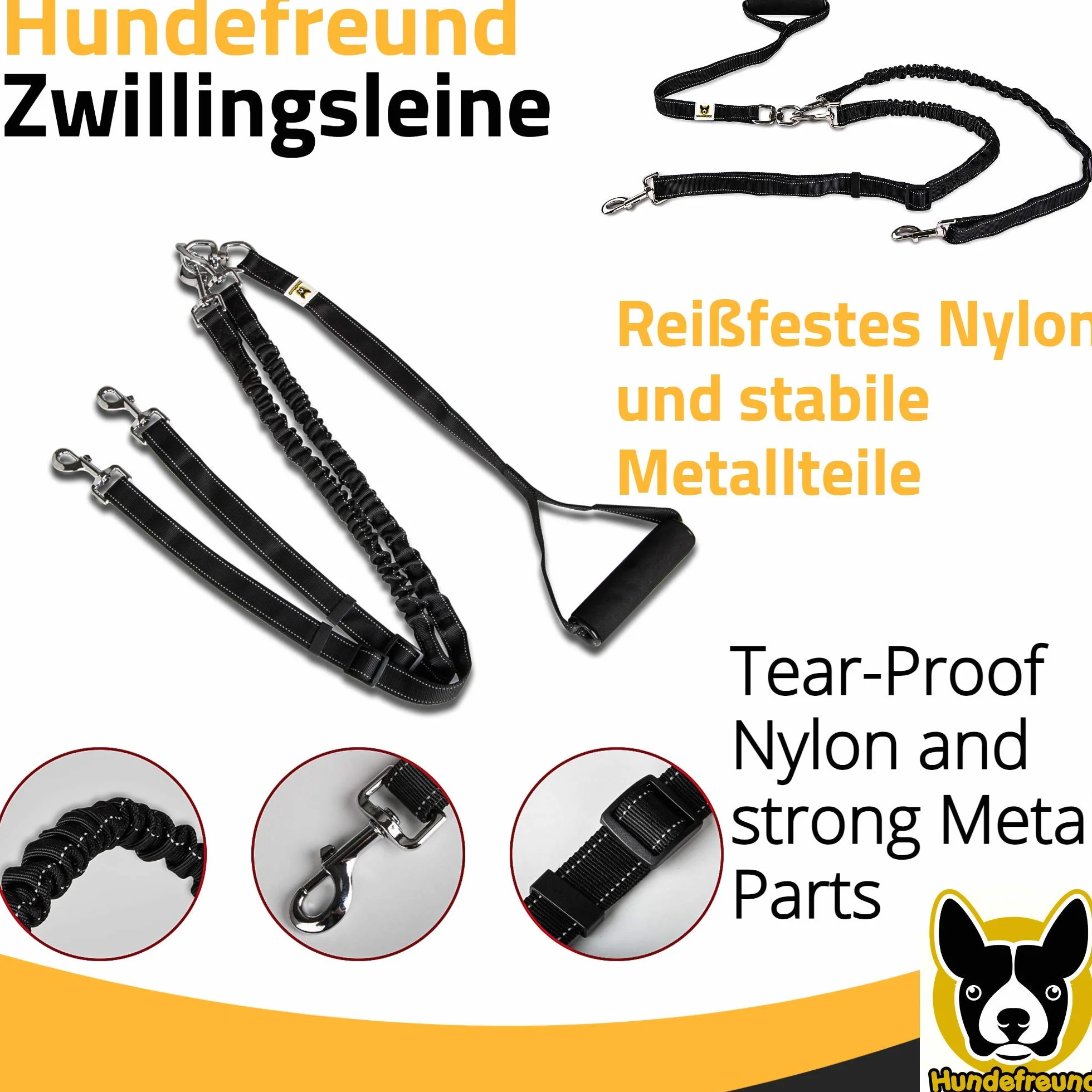 Guinzaglio doppio | Guinzaglio per 2 cani | Guinzaglio estensibile e riflettente da 165 cm a 220 cm con una impugnatura morbida per due cani a partire da 20 kg