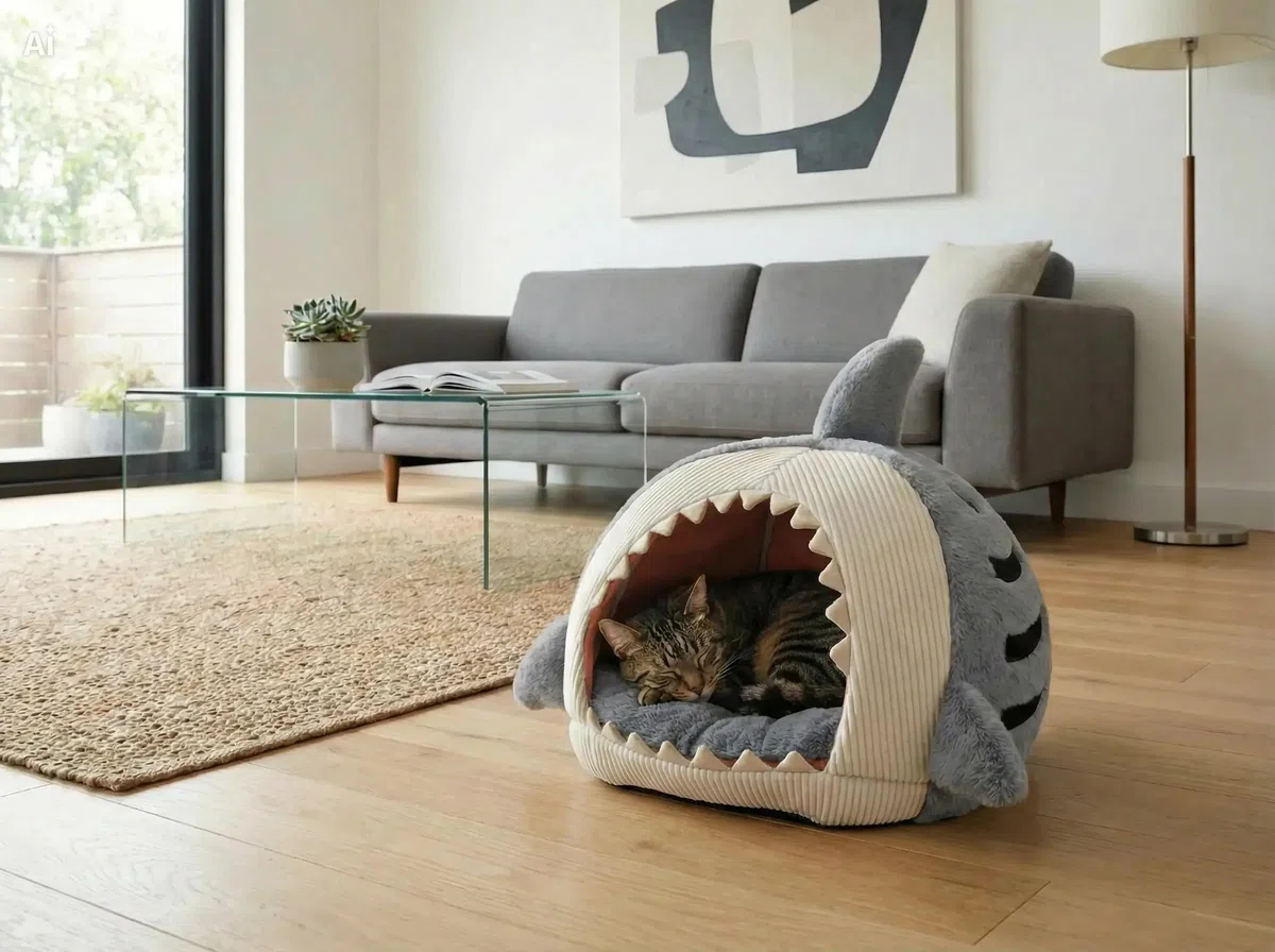 Tana Gatti - Casa Rilassante Con Fondo Antiscivolo - Cuccia Squalo Lavabile | Per Piccoli Cani E Gattini Animali Domestici Interno Calmante - il tuo pet merita un trono (Blu)