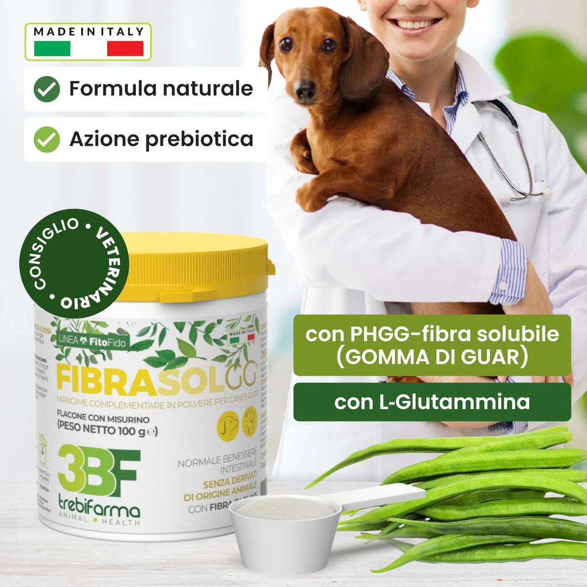 Trebifarma Fibrasol GG, Regolarità Intestinale di Cane e Gatto - Mangime Complementare in Polvere con Prebiotici Contro Diarrea, Colite e Stipsi - Facile da Somministrare – 100g