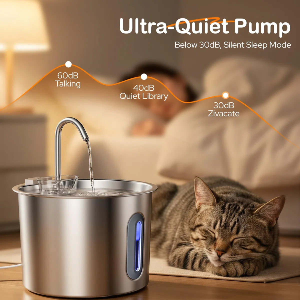 Zivacate Fontanella per Gatti Acciaio - 2,2 L Fontana per Gatti con Pompa Ultra Silenziosa, Finestra LED, Sistema di Filtraggio Triplo, Fontanella Gatto con Cavo (con 3 Filtri & 3 Spugne)