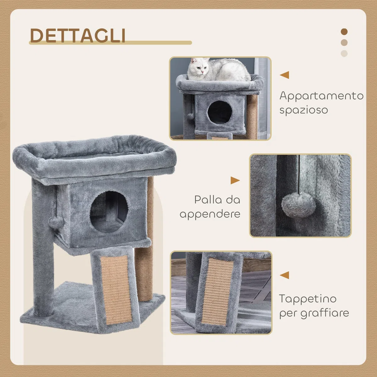PawHut Albero Tiragraffi per Gatti Multilivello in Peluche con Casetta per Gatti e Lettino, Palestra per Gatto Tiragraffi in Juta e Pallina, Grigio