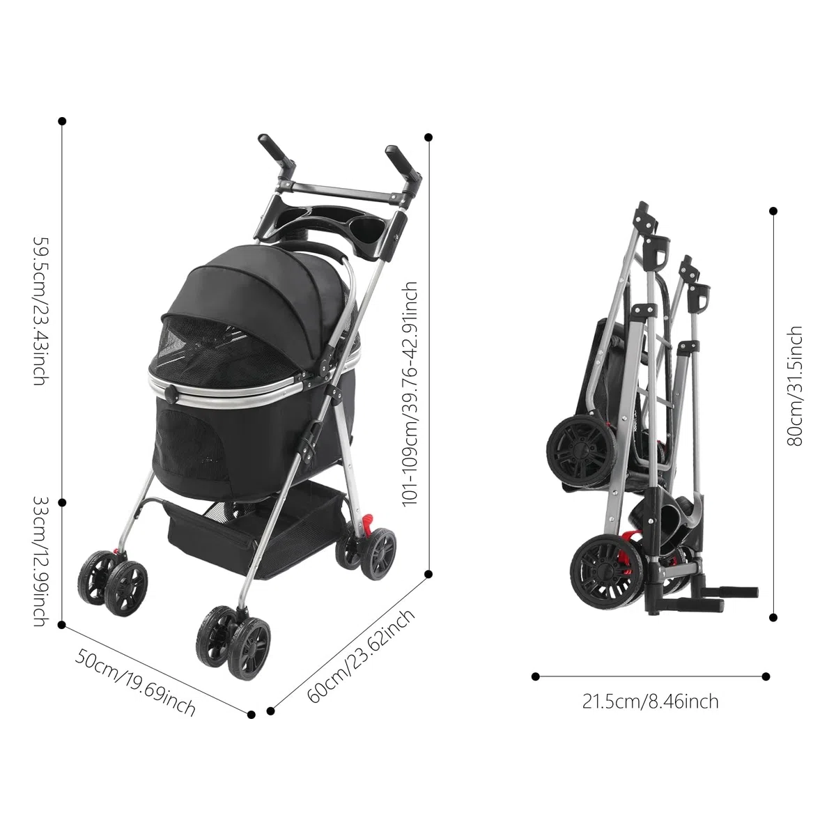 Passeggino pieghevole per cani, carrello per cani con ruote universali, per gatti e cani di piccola taglia, 50 x 60 cm (nero)