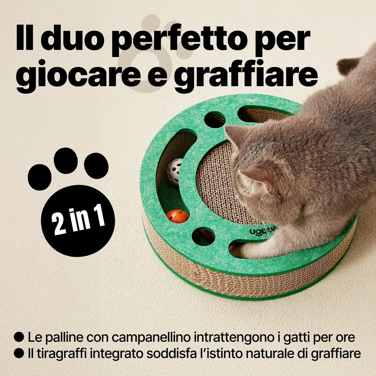Tiragraffi per gatti con pista a sfere con campanellino – Gioco interattivo per gatti, tappetino tiragraffi in cartone ondulato con erba gatta, tavola tiragraffi, accessori per gatto (Arancione)