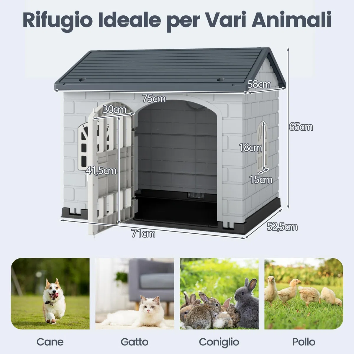 COSTWAY Cuccia per Cani da Esterno ed Interno, Casetta per Cani con Porta Bloccabile, 3 Finestre e Tetto Inclinato, Cucce in Plastica Impermeabile per Cagnolini Piccoli, 75 x 58 x 65 cm (Grigio)