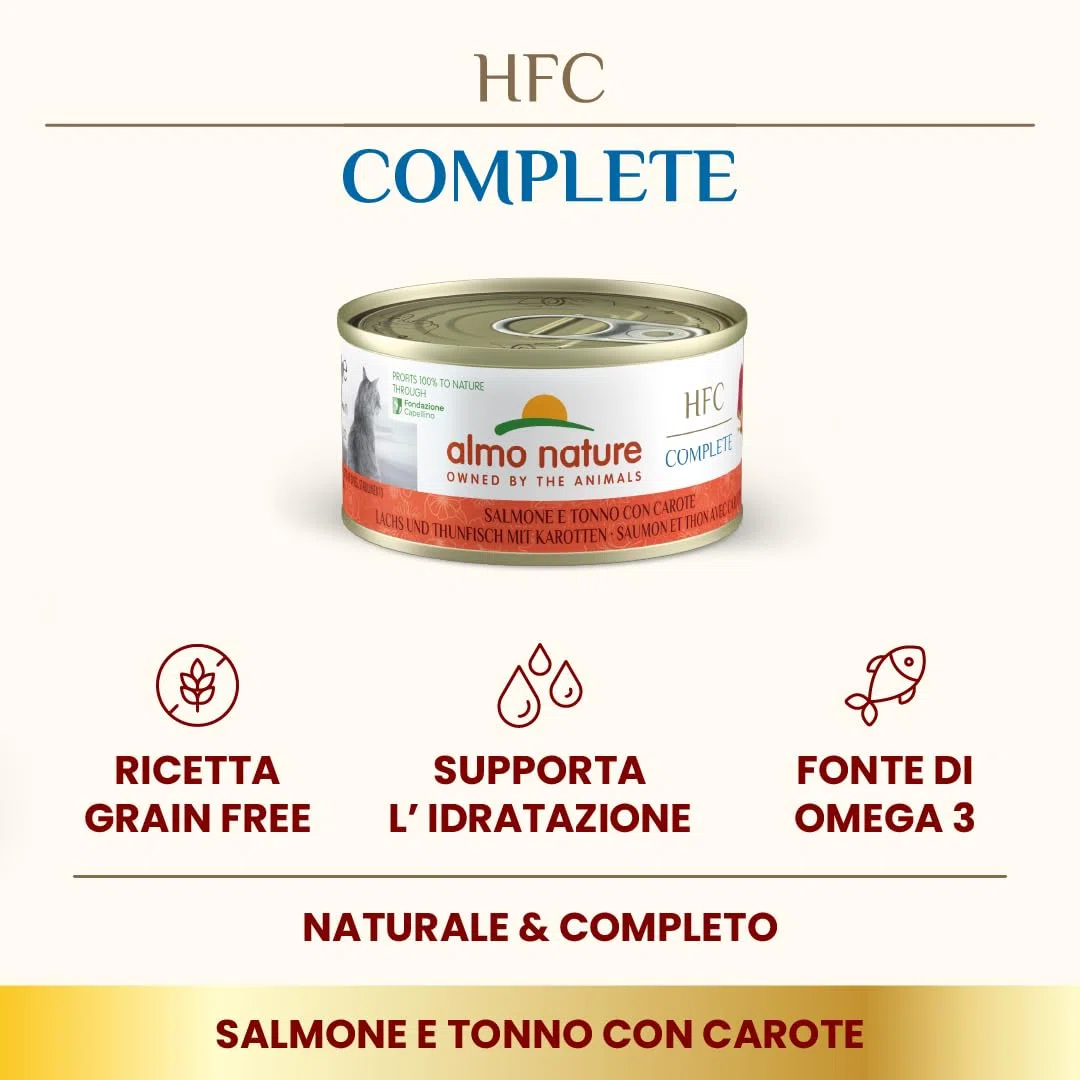 Almo Nature HFC Complete, Alimento Umido per Gatti Adulti - Salmone e Tonno con Carote - 70g, Confezione da 24