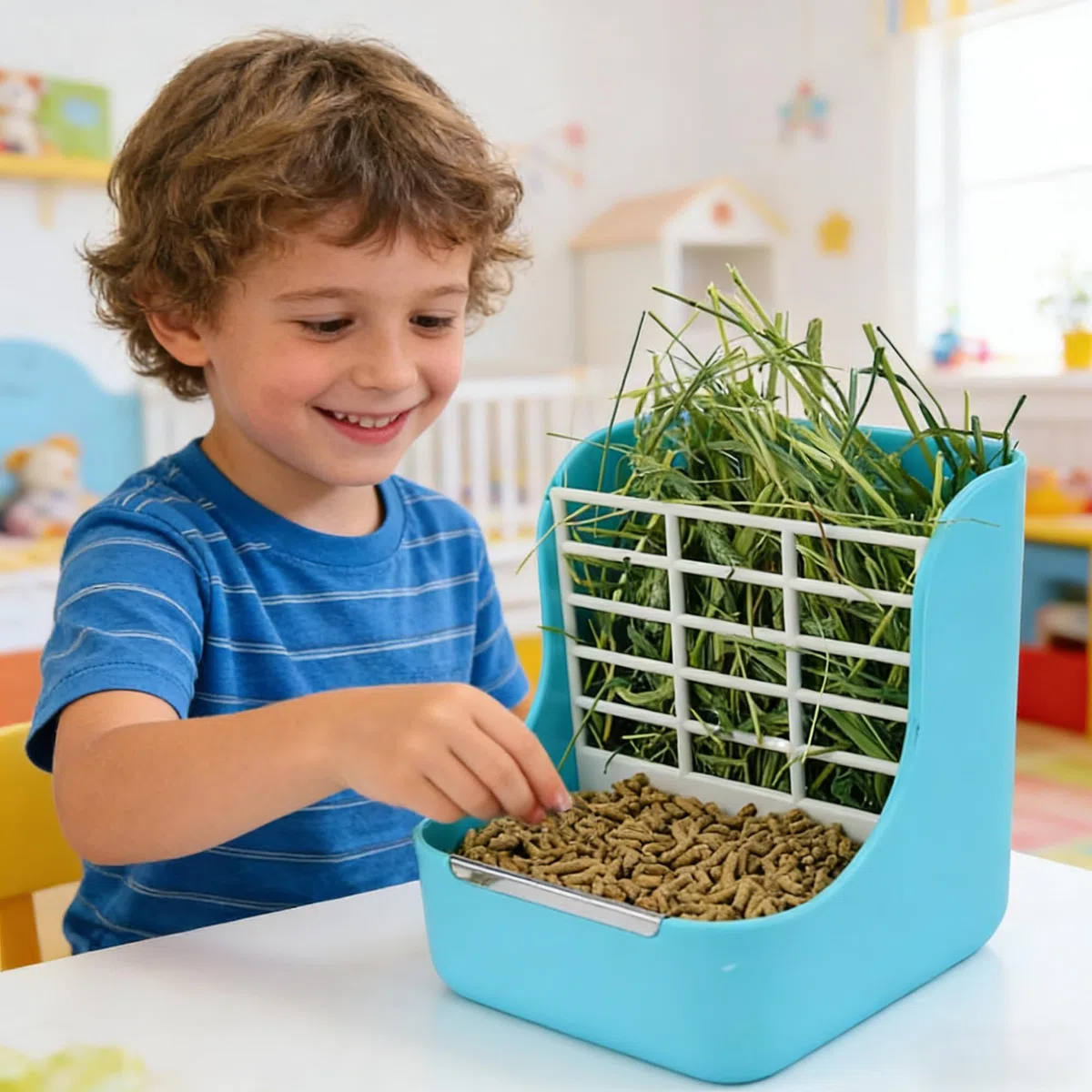 Alimentatore di Fieno, Alimentatore di plastica, per Coniglietti in plastica per Animali 2 in 1 Mangiatoie per fieno per piccoli animali, coniglio, porcellino d'india, galesaur, furetto (blu)
