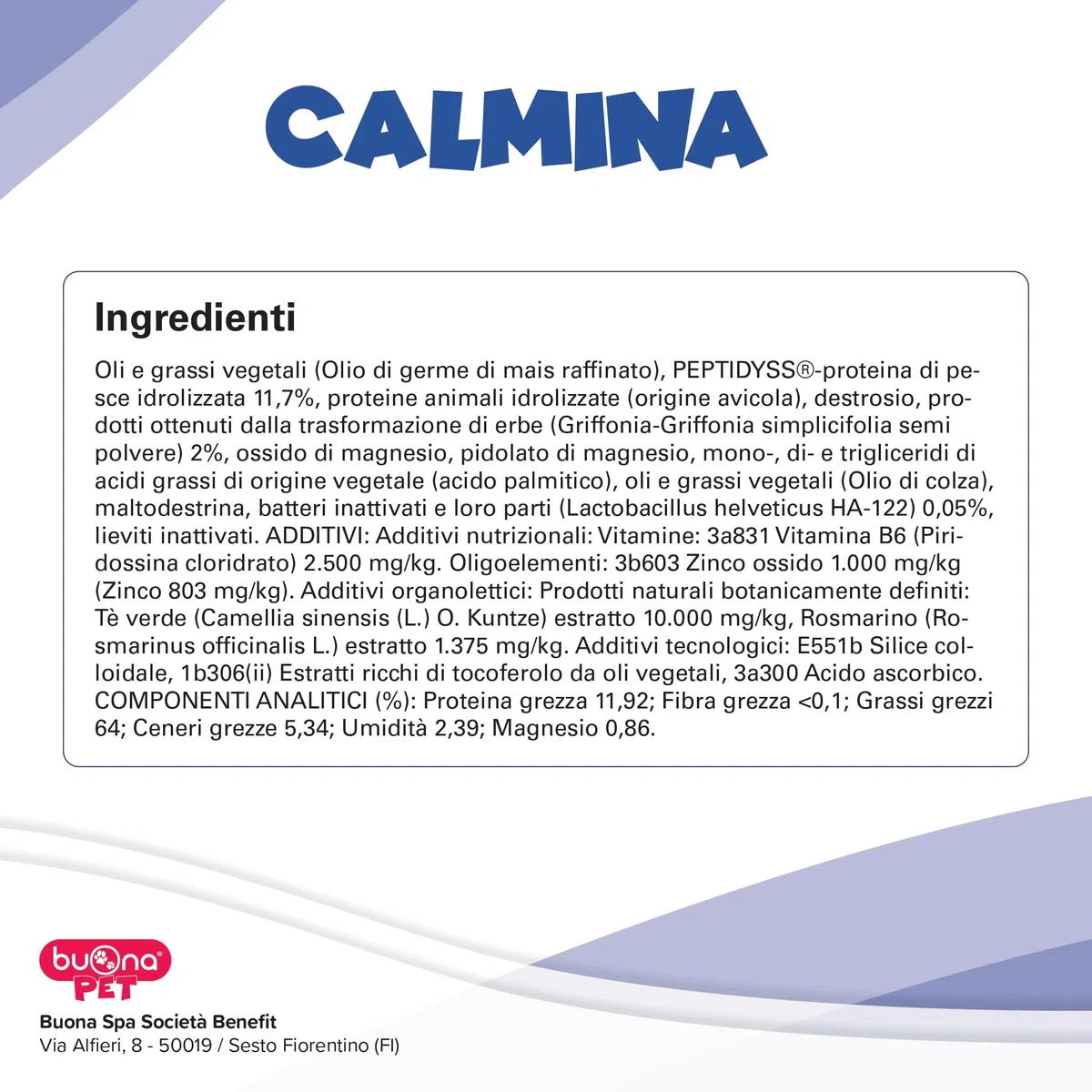 Buona Pet Calmina Mangime Complementare 60g con Siringa, Calmante per Cani e Gatti con Peptidyss®, Zinco, Vitamina B6, tè Verde e Griffonia, Rilassante per Cani e Gatti, Made in Italy