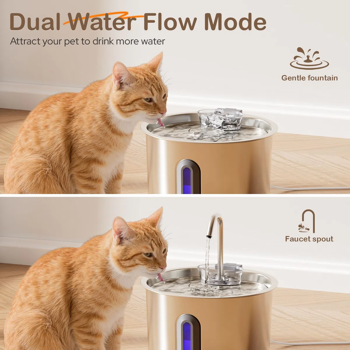 Zivacate Fontanella per Gatti Acciaio - 2,2 L Fontana per Gatti con Pompa Ultra Silenziosa, Finestra LED, Sistema di Filtraggio Triplo, Fontanella Gatto con Cavo (con 3 Filtri & 3 Spugne)