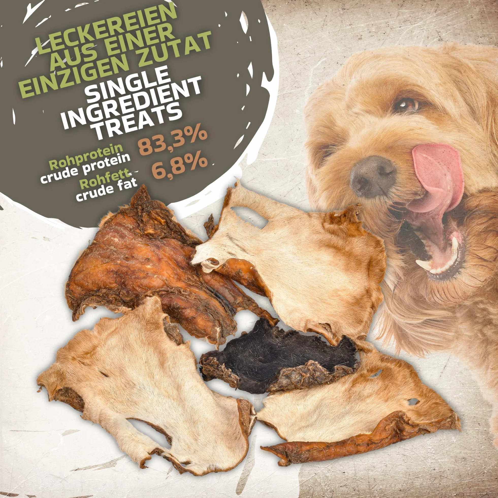 Pelle di testa di manzo con pelo per cani 1 kg (ca. 15–20 pezzi) | Pelle di testa di manzo essiccata da masticare | 100% naturale | Con pelo | Essiccata all’aria | Senza cereali