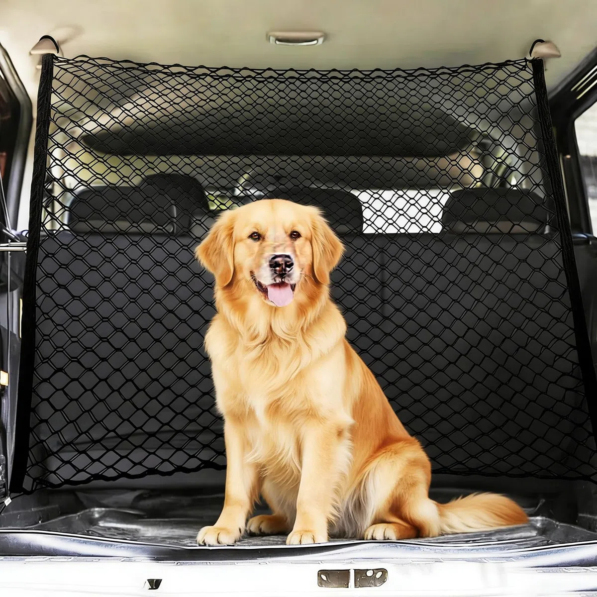 GOMETY Griglia di protezione per auto, barriera, rete di separazione per cani, 120 x 90 cm, per bagagliaio, doppio strato di polipropilene con 4 ganci, rete universale per cani di sicurezza per