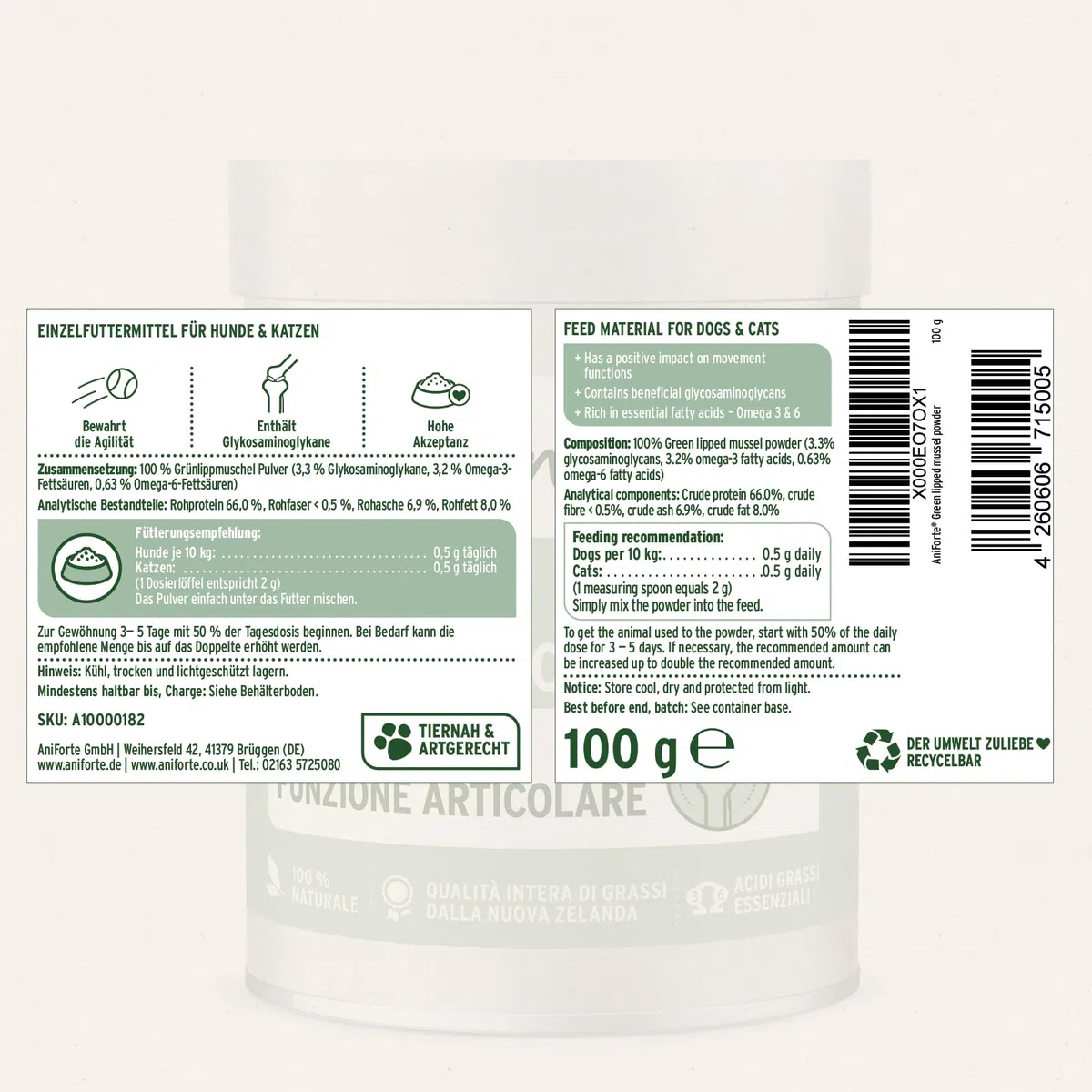 AniForte Polvere di cozze dalle labbra verdi per Cani e Gatti 100g - Polvere naturale di cozze dalle labbra verdi in qualità di grasso completo, glicosaminoglicani, supporta le funzioni articolari