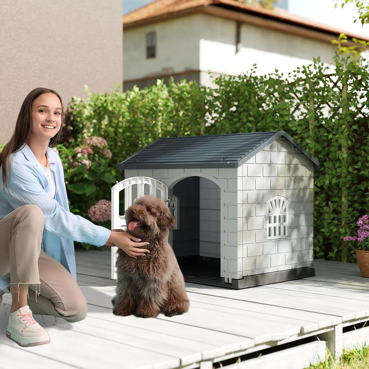 COSTWAY Cuccia per Cani da Esterno ed Interno, Casetta per Cani con Porta Bloccabile, 3 Finestre e Tetto Inclinato, Cucce in Plastica Impermeabile per Cagnolini Piccoli, 75 x 58 x 65 cm (Grigio)
