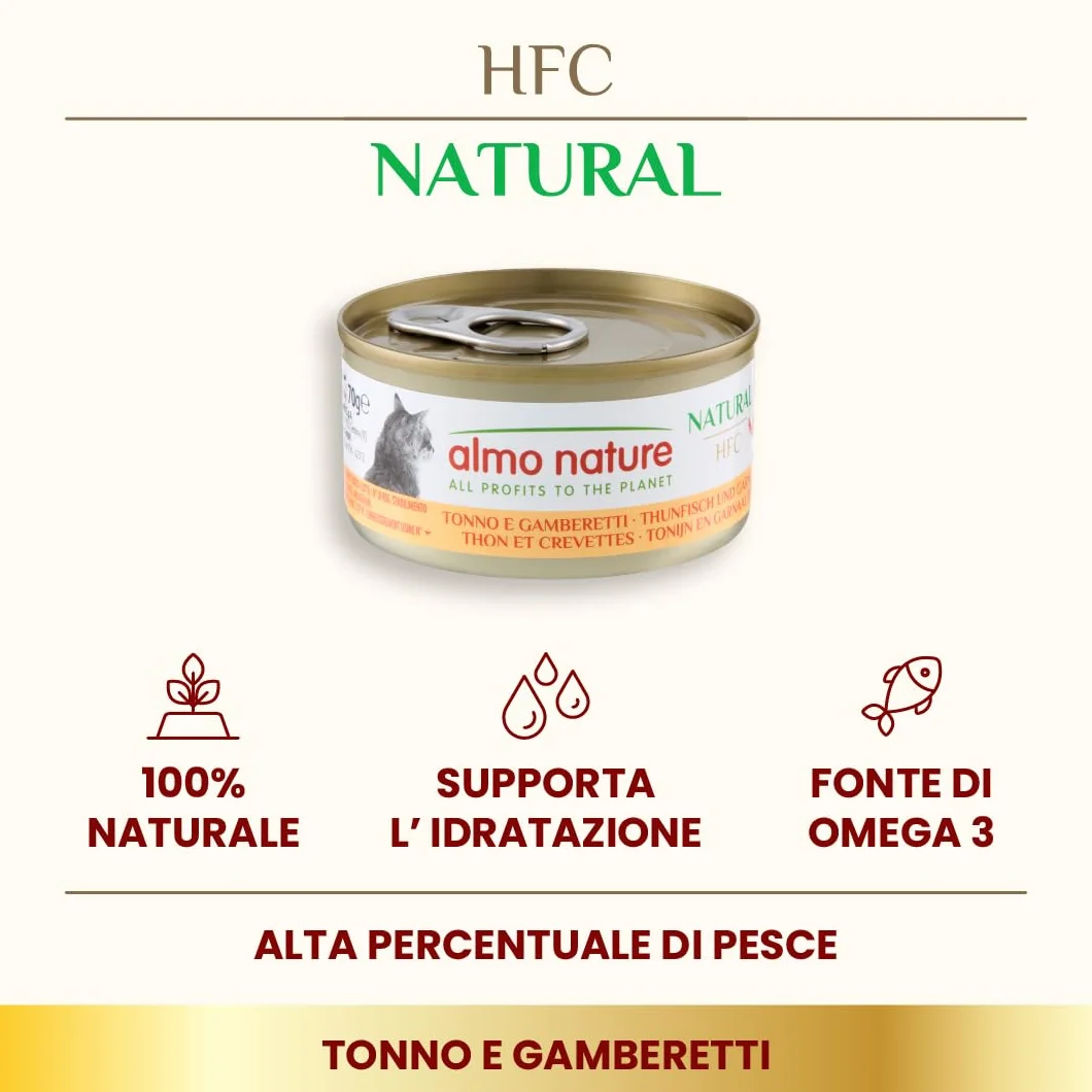 Almo Nature HFC Natural, Alimento Umido per Gatti - Tonno e Gamberetti - Human-Grade - 70g, Confezione da 24