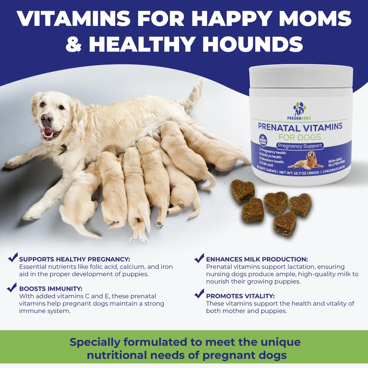 Integratore Gravidanza per Cani – Vitamine Prenatali Naturali per Mamme e Cuccioli Sani – Acido Folico, Ferro, Calcio – 90 Compresse Masticabili al Gusto Pollo