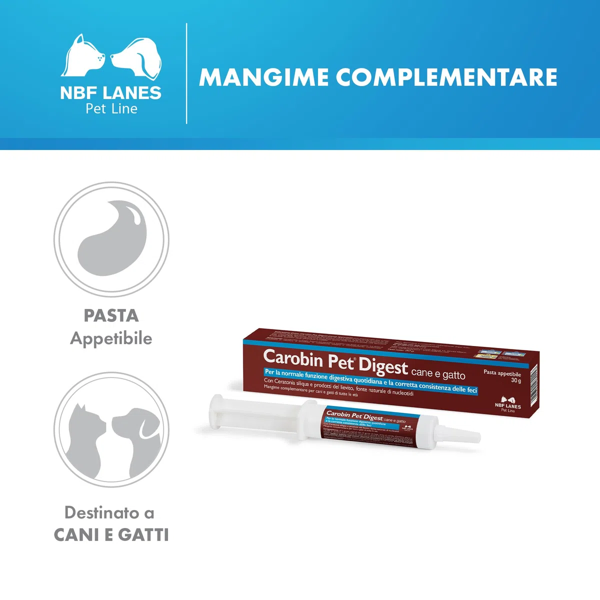 NBF Lanes | Carobin Pet Digest Cane e Gatto, Pasta Appetibile 30 g, per la Normale Funzione Digestiva Quotidiana e la Corretta Consistenza delle Feci