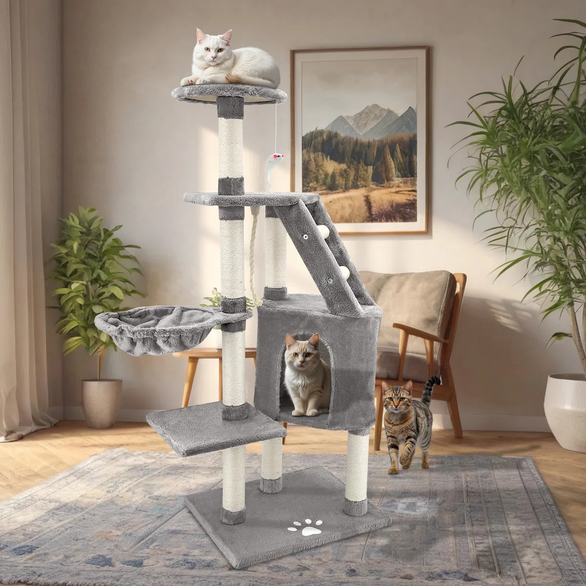 Beltom® TIRAGRAFFI per Gatto 120 CM Gioco Parco Giochi Cuccia Gatti GRAFFIATOIO SISAL Albero CUCCE Tira GRAFFIO Palestra - Grigio