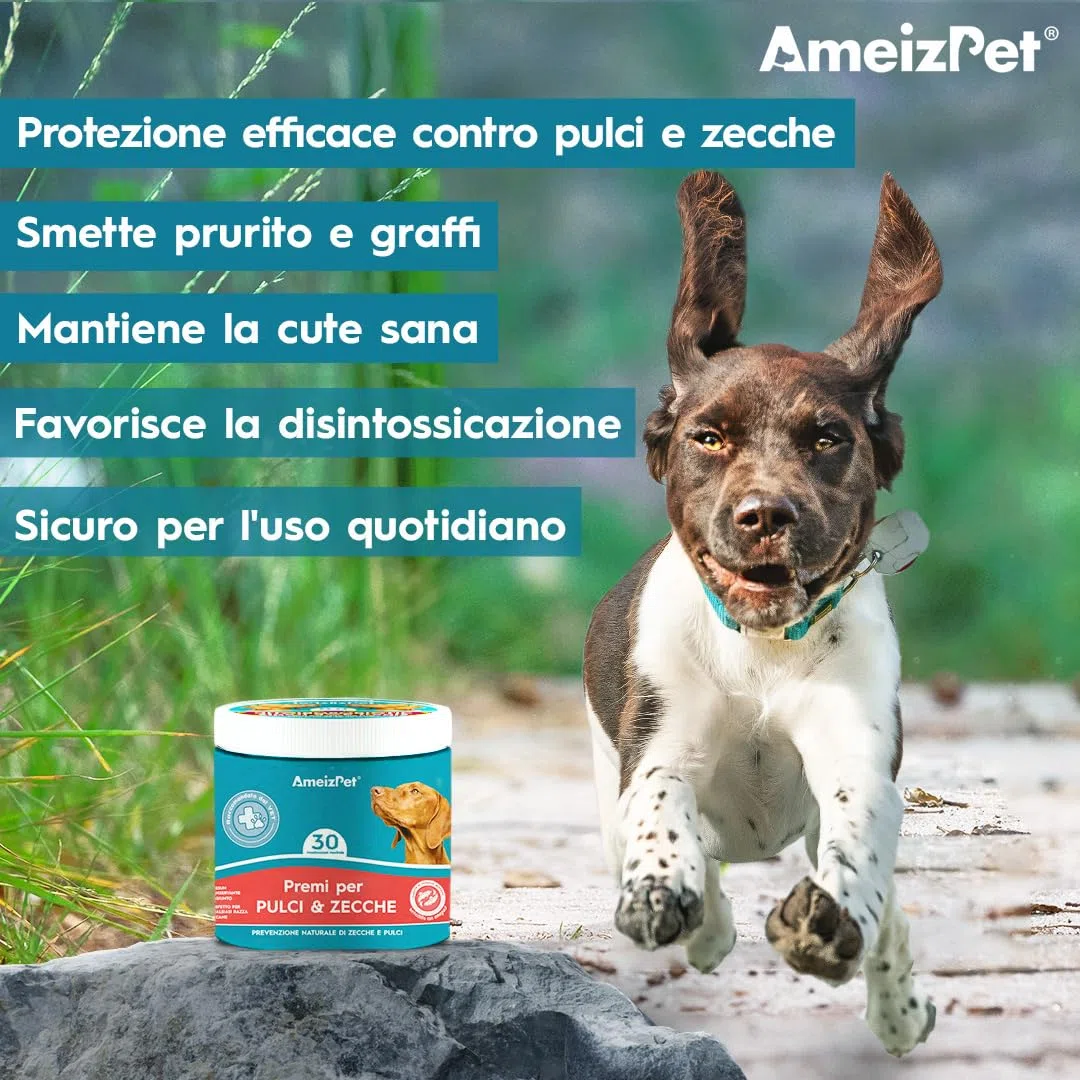 AmeizPet Pastiglie Per Cani Antipulci E Zecche, Antipulci Per Cani, Compresse Masticabili Contro Le Pulci, Cuccioli E Cani Adulti, 30 Dolcetti, 67.5g (2.3 Oz)