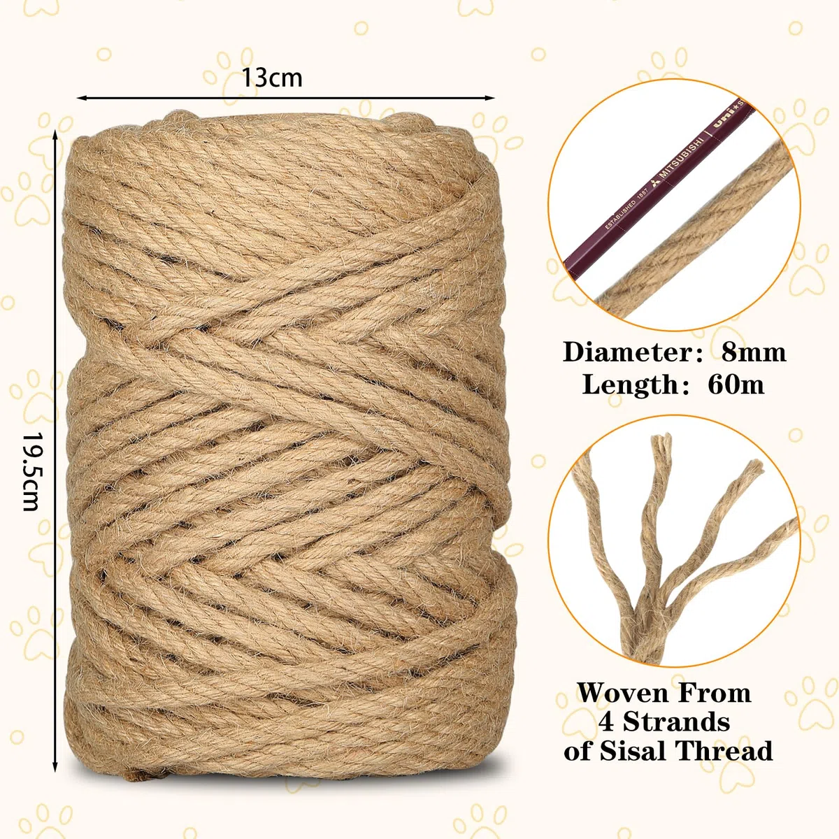 Corda Sisal per Tiragraffi per Gatti 8mm x 60m, Corda Juta Naturale per DIY Tiragraffi per Albero di Gatto, Filo per Graffiatoio, Ideale per Casa, Giardino, Decorazioni
