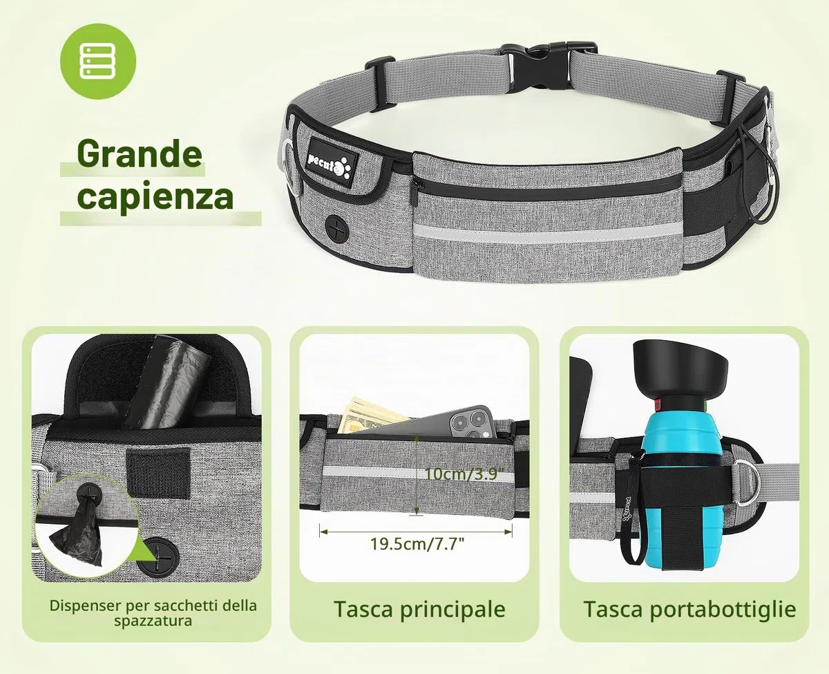 Pecute Guinzaglio Mani Libere per Cani,Guinzaglio per Cani, Camminata, Allenamento, Escursionismo, Cintura in Vita Regolabile e Custodia per l'acqua, per Corsa, Jogging, Grigio Chiaro