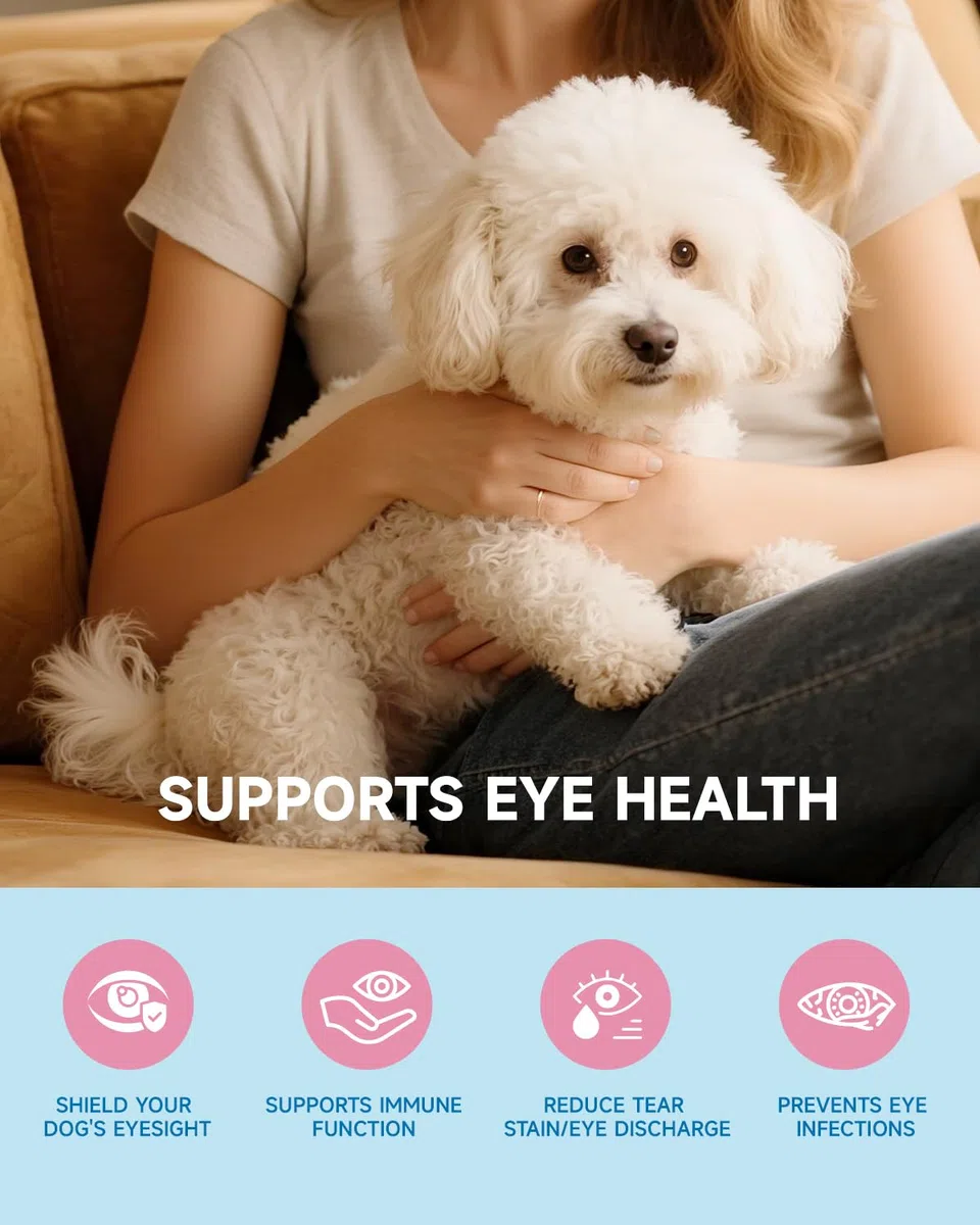 Rimuovi macchie lacrimali per cani - Integratore per macchie lacrimali dei cani, per la salute degli occhi e la cura del pelo bianco, con Luteina, Camomilla, Vitamine, Miscela di Probiotici, 100g