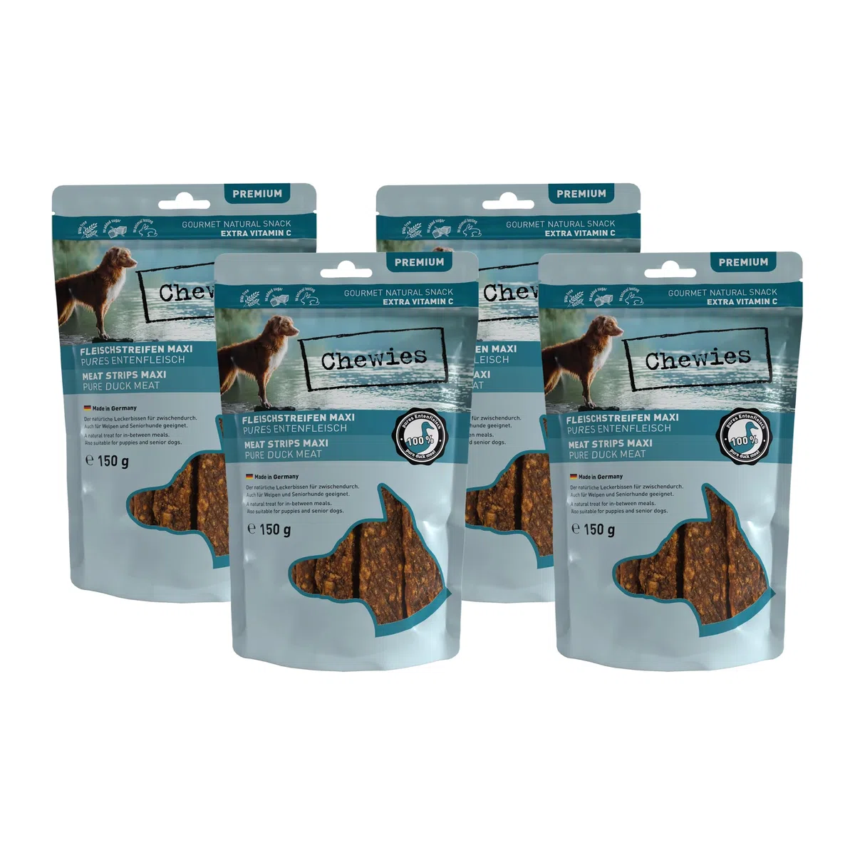 Chewies Maxi strisce di carne per cani in 100% carne di anatra, 4 x 150 g, anatre essiccate all'aria, senza zucchero e senza cereali