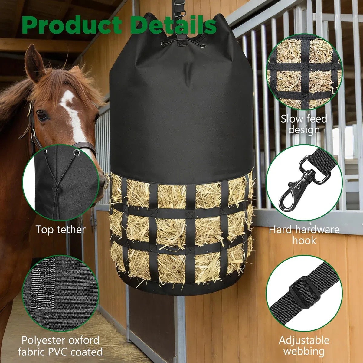 Rete da fieno a maglia stretta per cavalli, zaino XXL di alta qualità, con 10 kg di peso e maglie di 6,5 cm di larghezza, estremamente robusta per stalla, paddock e trasporto, occupazione adatta e