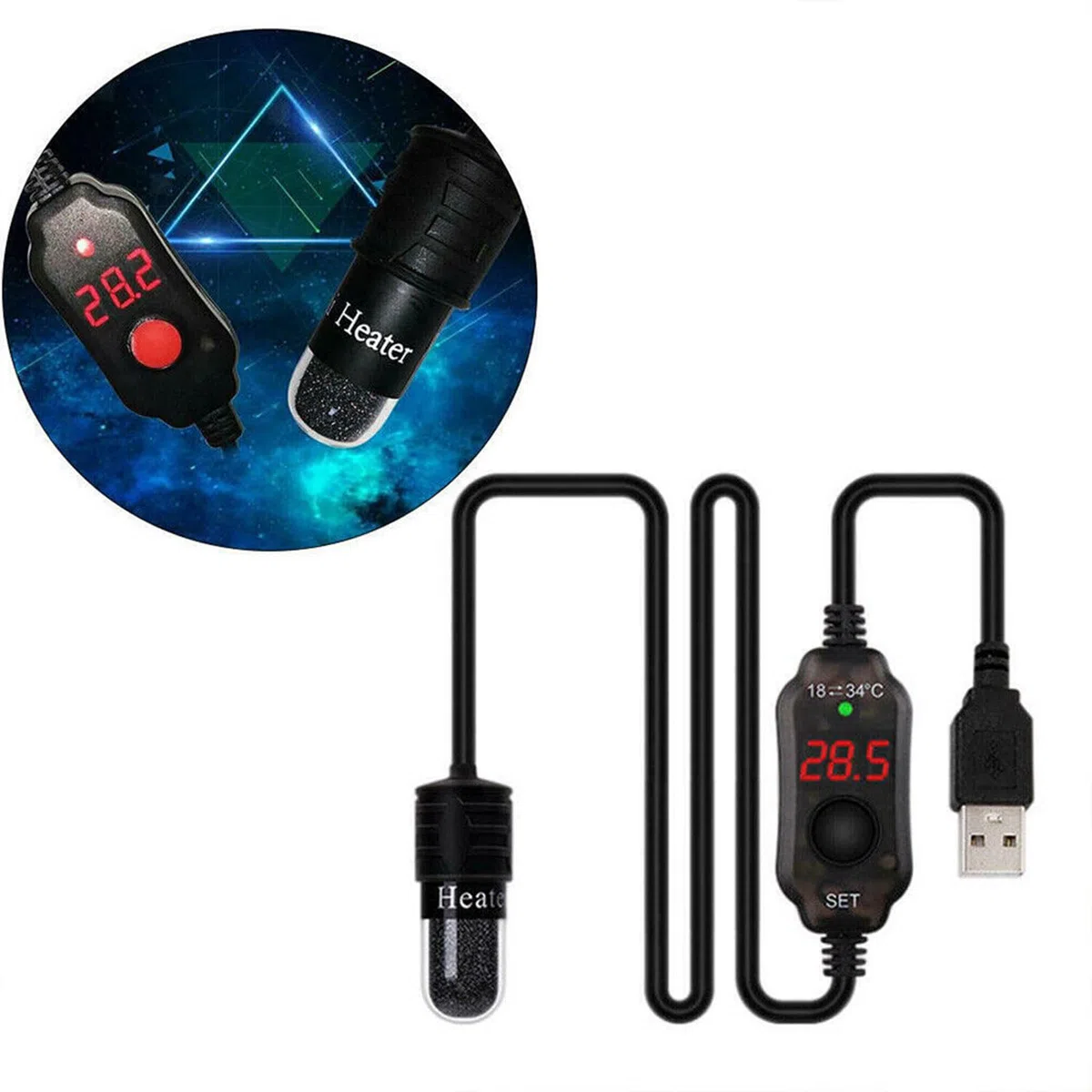 Mini riscaldatore per acquario sommergibile alimentato tramite USB, 10 W, con termometro integrato, regolatore di temperatura esterno utilizzato per serbatoio da 2-4 litri