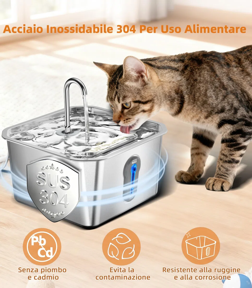 4L Fontanella per Gatti Acciaio con 3 Filtri Fontana Per Animali Domestici Per Gatti Animali Domestici Da Interno Cani Piccoli Animali Distributore Automatico Di Acqua Per Cani