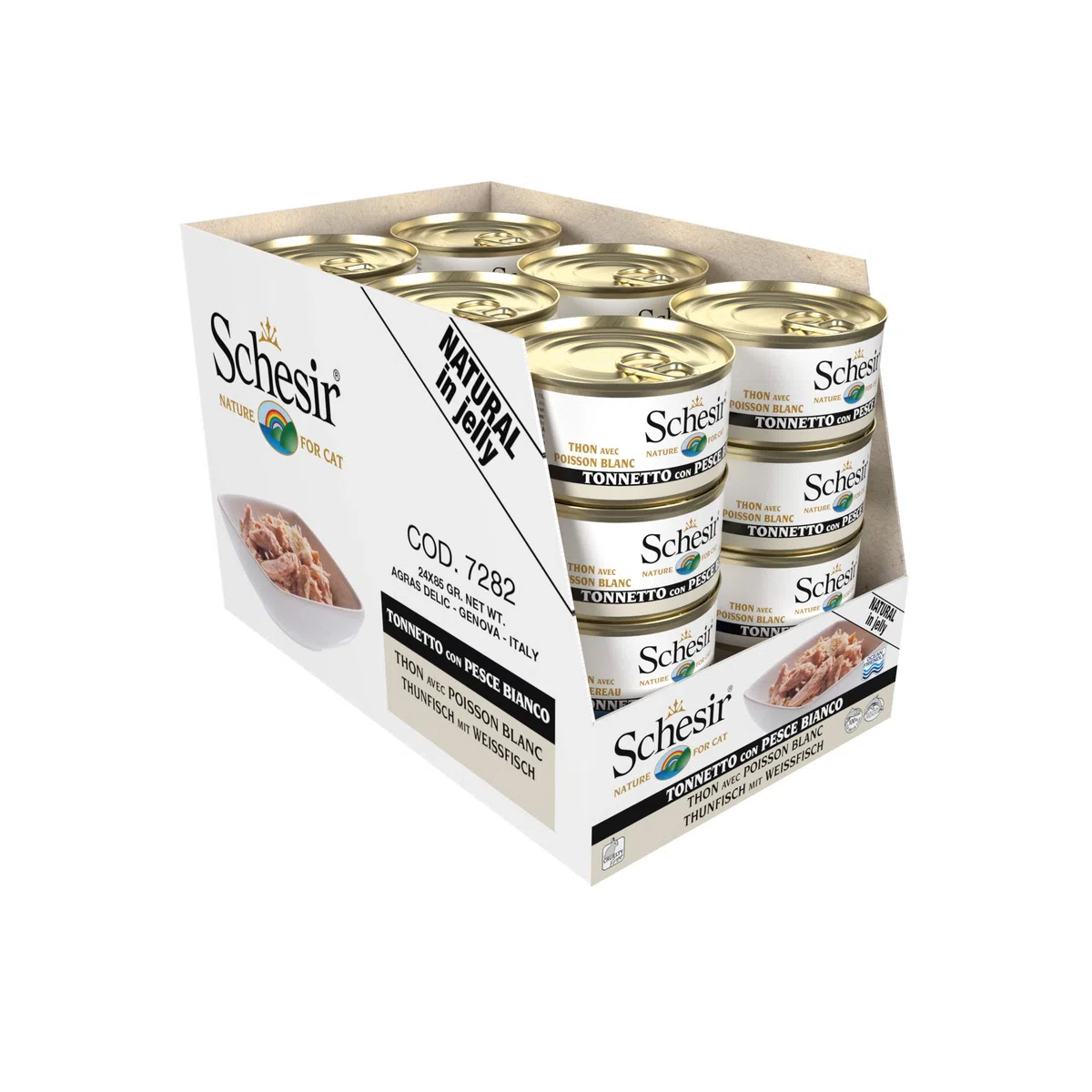 Schesir, Cibo Umido per Gatti Adulti al Gusto Tonnetto con Pesce Bianco, Filetti in Morbida Gelatina - Totale 2,04 kg (24 Lattine da 85 gr)