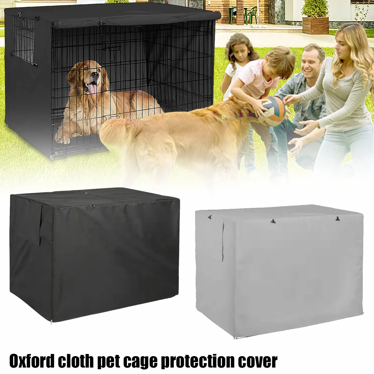 Copertura per gabbia per cani, in tessuto Oxford 210D, resistente, antivento, traspirante, con apertura per finestra per cani, gabbie metalliche, gabbia (grigio, XL (124,5 x 79 x 84 cm)