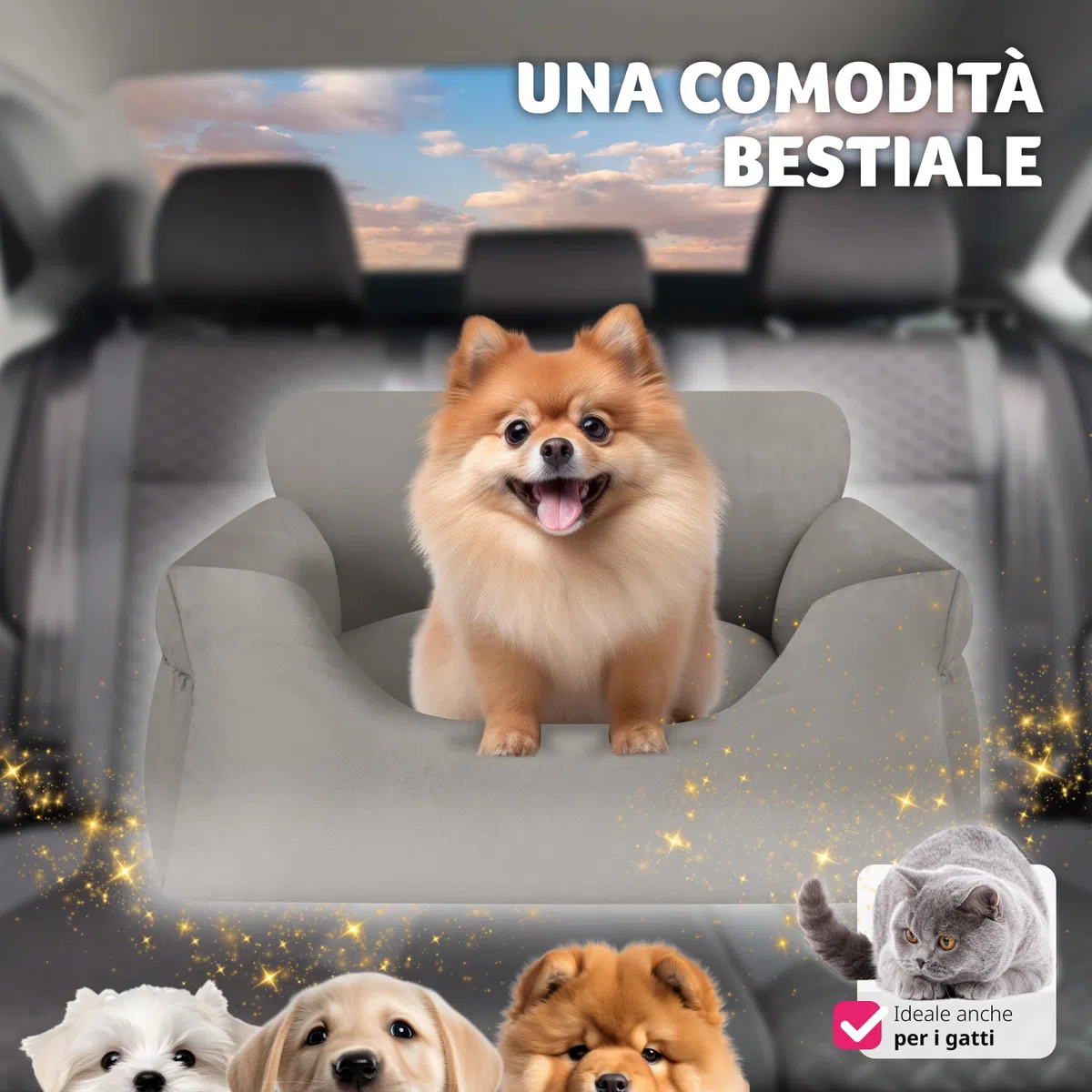 tectake® Seggiolino Auto per Cani Imbottito, Trasportino per Cani con Guinzaglio di Sicurezza, Cinghie di Fissaggio Regolabili, Rivestimento Lavabile, Compatibile con Tutti i Veicoli - Grigio