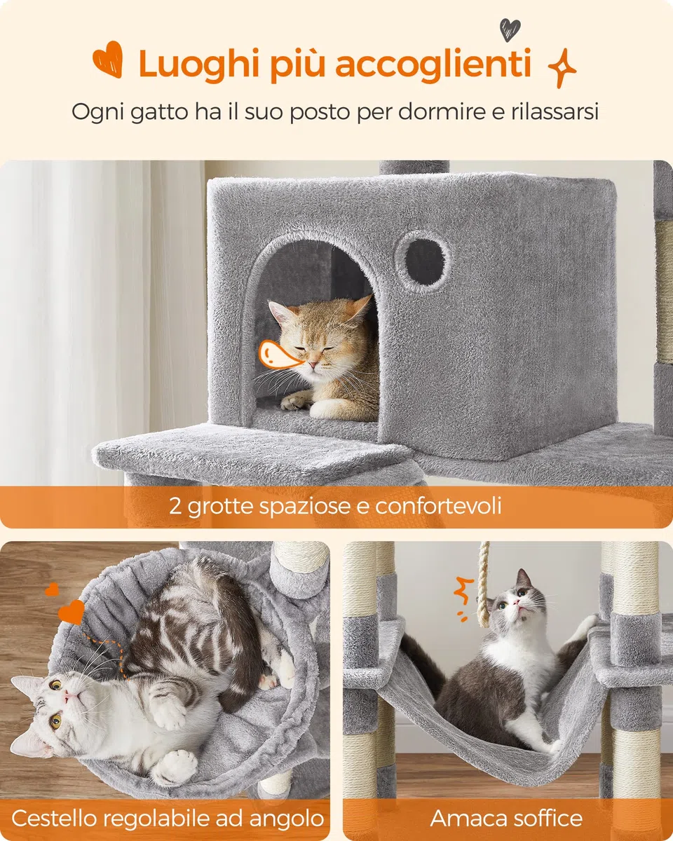 Feandrea Albero per Gatti, Alto 206 cm, Tiragraffi per Gatti Adulti, XXL, con 13 Graffiatoi, 2 Posatoi, 2 Grotte, Cesto, Pompon, in Peluche a Più Livelli per Interno, Grigio Chiaro PCT190W01