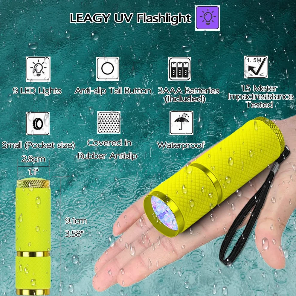 LEAGY 2 Pezzi Mini Torcia UV con 9 LED Batterie - Rilevatore di Urine per Animali Domestici Agenti Fluorescenti Macchie Secche Controllo delle Falsificazioni Banconote Cimici dei Letti ecc (Giallo)