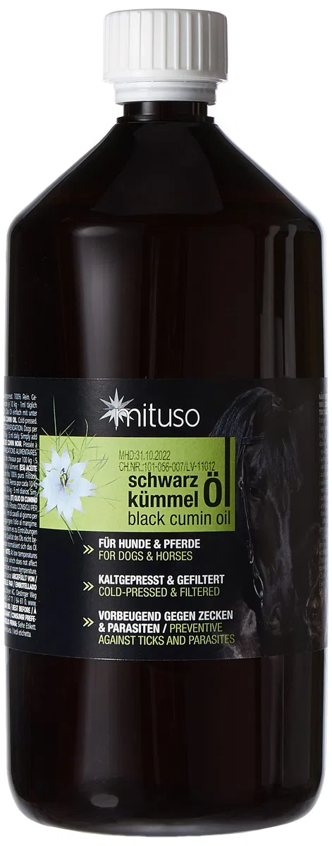 mituso olio di cumino nero 1L per cani e cavalli, pressato a freddo e puro al 100%, 1 confezione (1x 1000ml) per la cura naturale del mantello