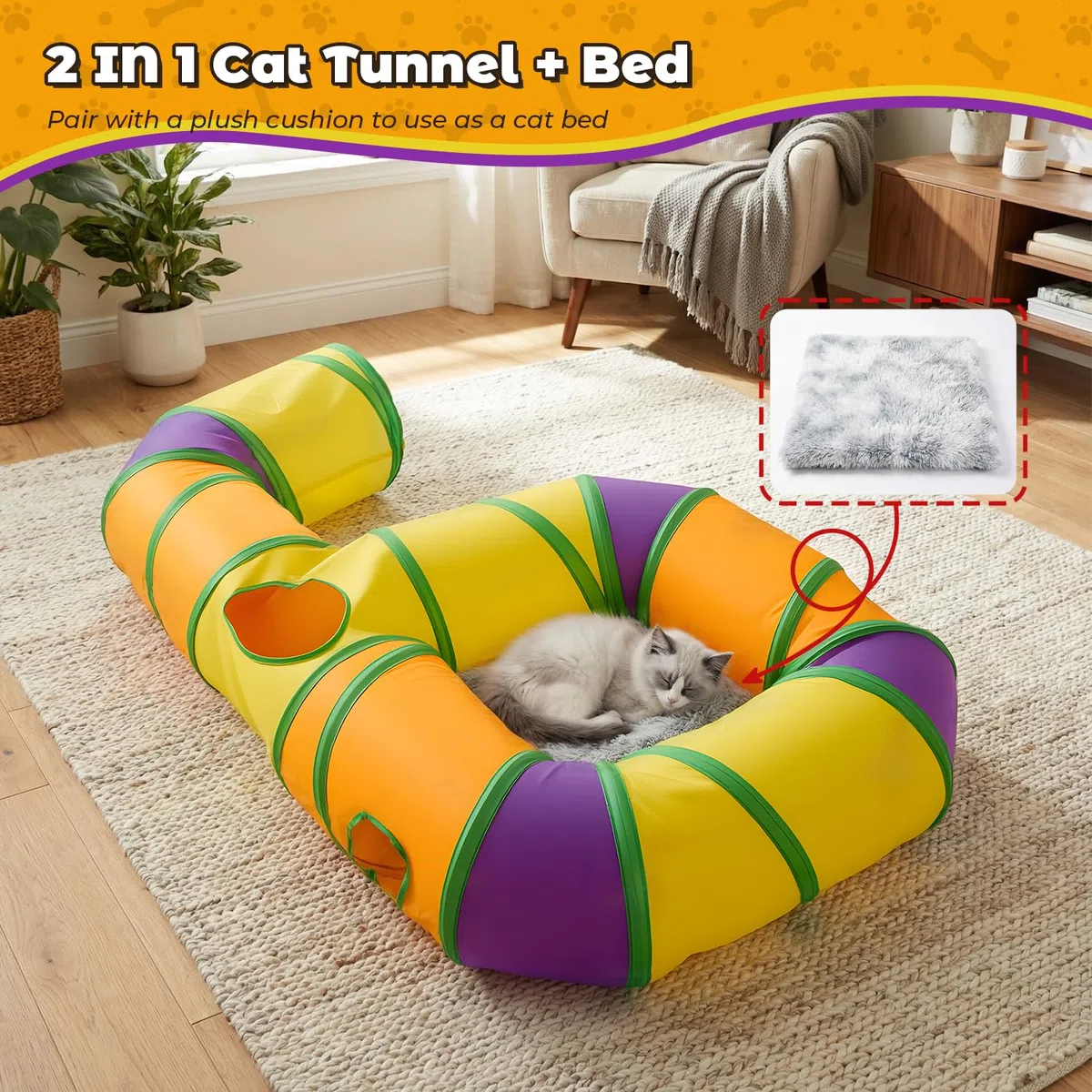 Tunnel per gatti da interno a forma di 6, casetta tunnel per gatti pieghevole tubo con pompon pendenti e foro interattivo per gattini, cuccioli, conigli, furetti e porcellini d'India