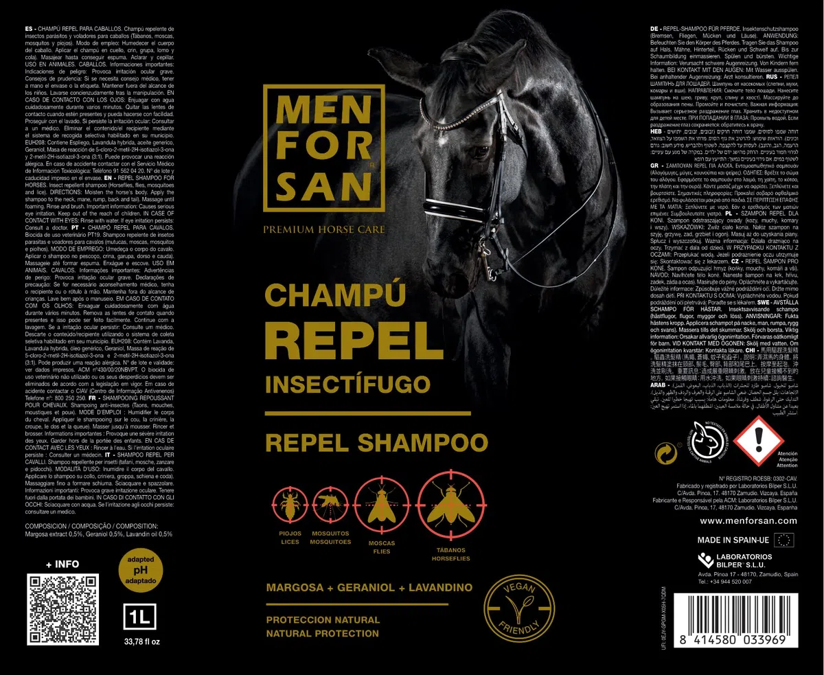 MENFORSAN Shampoo insetto-repellente per cavalli, 1L : Con margosa, geraniolo e lavandina : BIO, 100% naturale : PREMIUM HORSE CARE