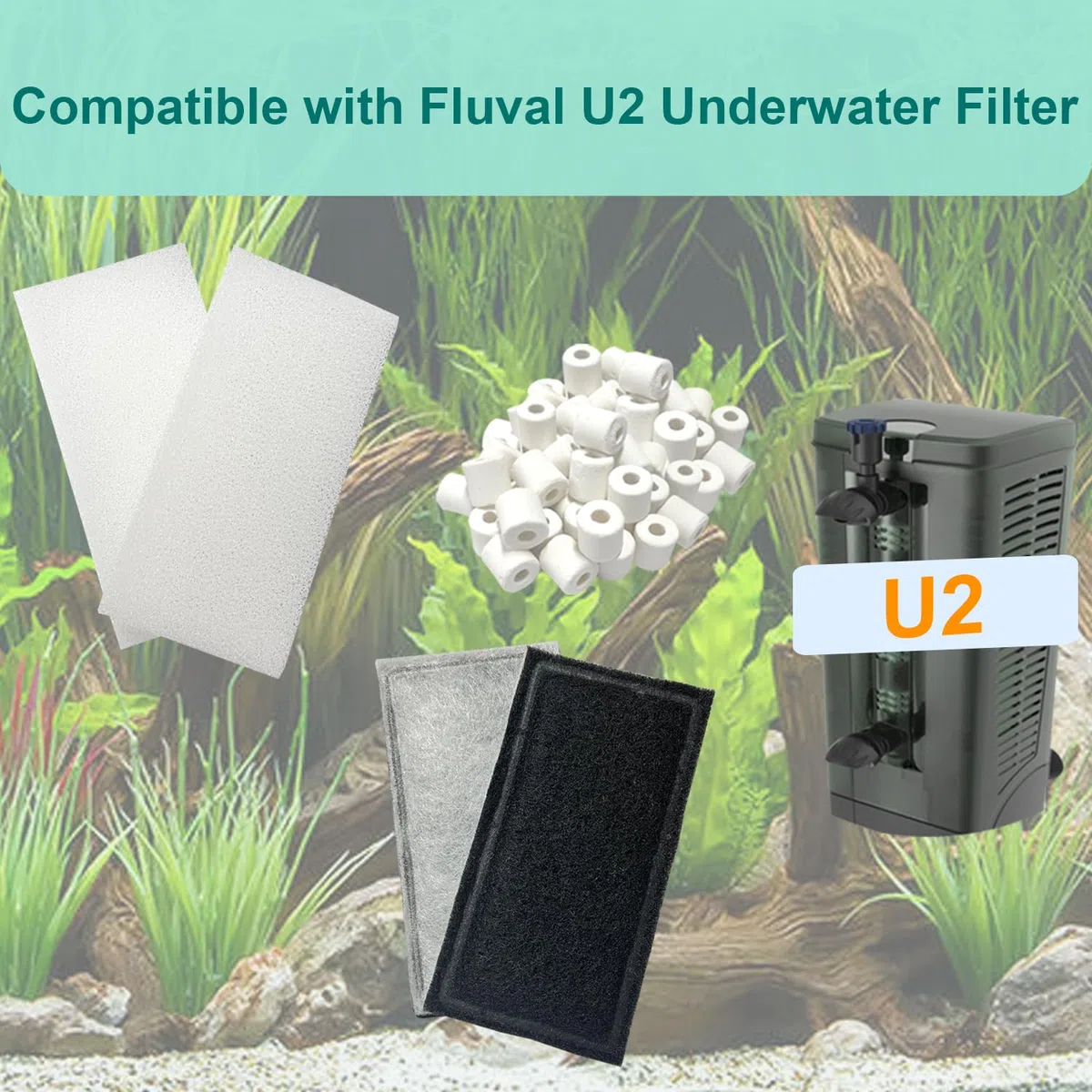 Set di 9 filtri per acquari compatibili con filtro subacqueo Fluval U2, filtro per acquari d'acqua dolce e salata, include 4 cuscinetti in schiuma, 4 cartucce in policarbonato e 1 anello in