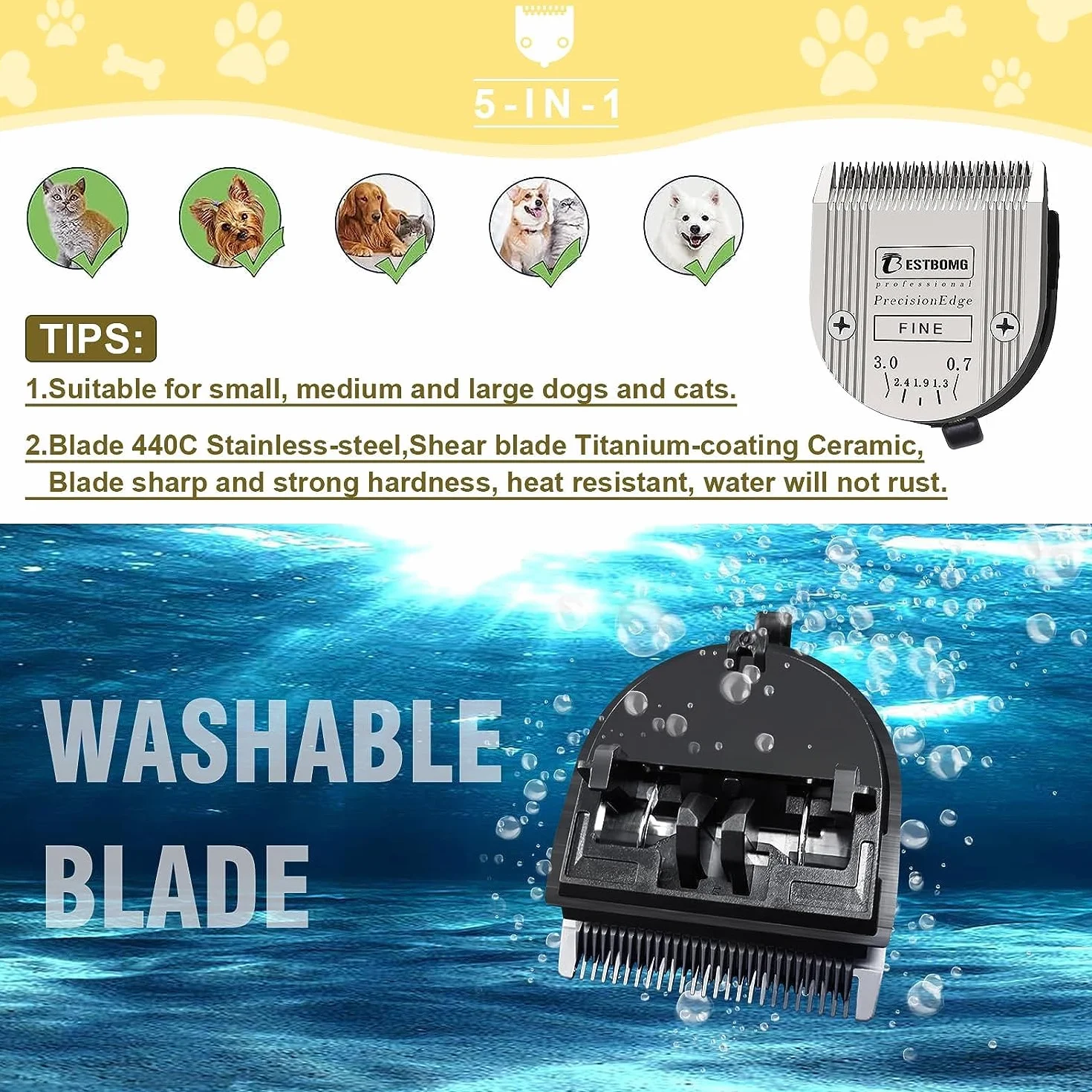 BESTBOMG Confezione da 2 Lame per Cani Professionali 5 in 1 con Lunghezza di Taglio Regolabile da 0,7-3 mm,compatibili con Wahl Arco,Bravura e Moser Arco 1870/1871/1872/1873/1854