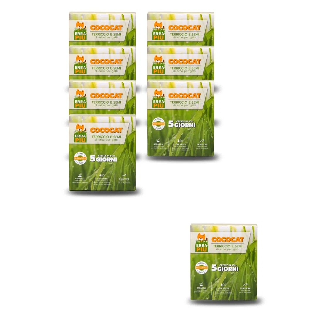 BUNDLE 7+1 Cococat, Kit di Semina per Gatti con Fibra di Cocco, Crescita in 5 Giorni, Senza Plastica, con Semi Biologici e Terriccio Naturale