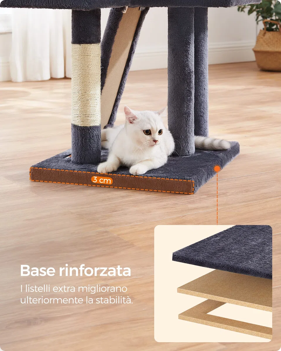 FEANDREA Albero per Gatti, Tiragraffi Piccolo da 135 cm, Condominio per Gatti in Peluche a più Livelli con Copertura per Trespolo Rimovibile Lavabile, Graffiatoio, Cesto, Grotta, Grigio Scuro