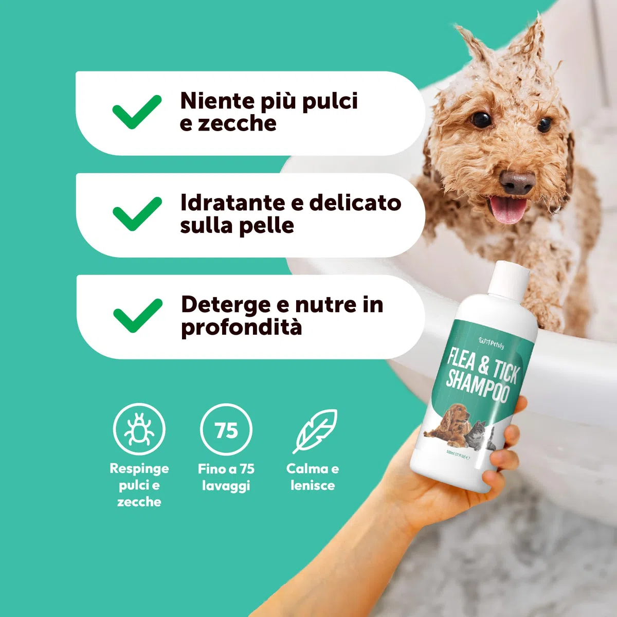 Petsly® Shampoo Antipulci per Cani e Gatti –500 ml– Elimina Pulci e Zecche - pH Bilanciato per Pelli Sensibili, Deterge e Protegge – Formula Delicata con Aloe Vera e Camomilla – Adatto a Cuccioli