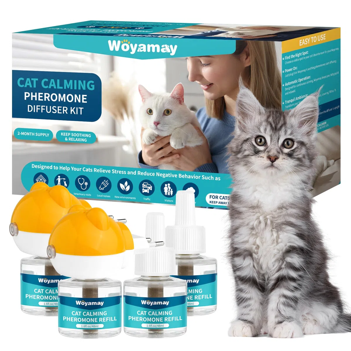 Woyamay Diffusore Feromoni per Gatti con 2 Diffusori + 4 Ricariche 48 ml, Calmante eTranguillante per Gatti, Antistress Gatto Fino a 120 Giorni
