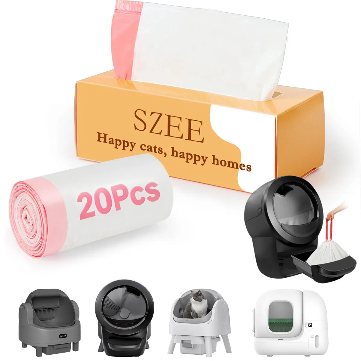 SZEE Sacchetti autopulenti per lettiera per gatti, 20 pezzi, con coulisse, per lettiera automatica per gatti, adatti per robot 3 e 4, PURA MAX, PURA MAX 2, PURA X, S20, AutoScooper 11 e 12