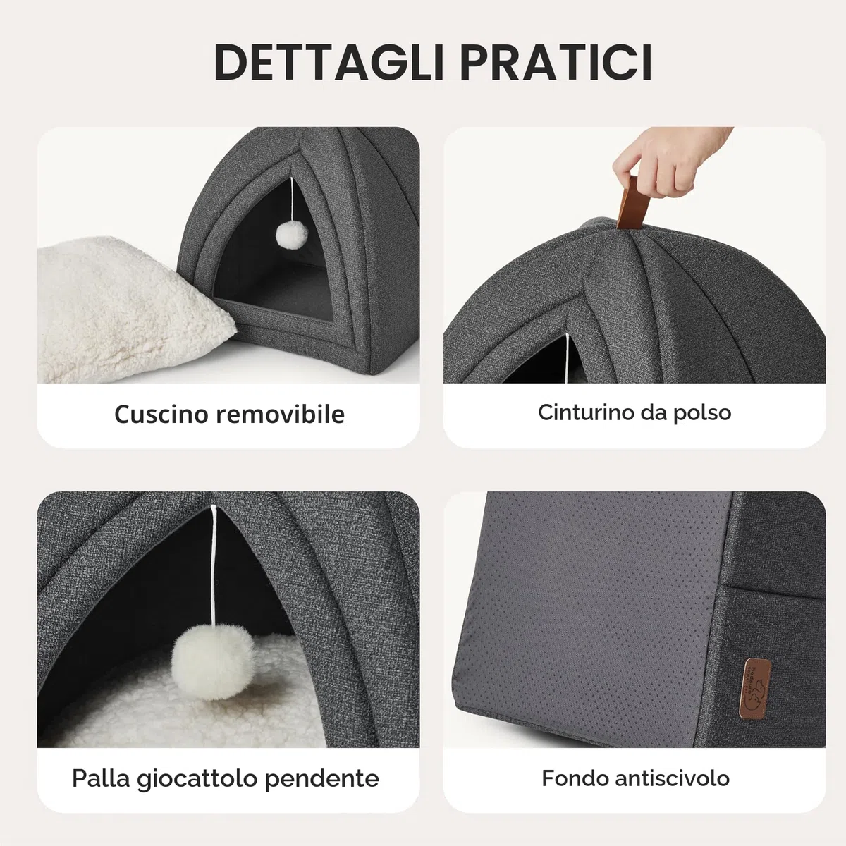 Bedsure Cuccia Gatti Tana Gatti - 40 x 40 x 40 cm Casa per Gatti da Interno con Cuscino Sherpa Rimovibile e Giocattolo Appeso, Cuccia Lavabile, Grigio Scuro