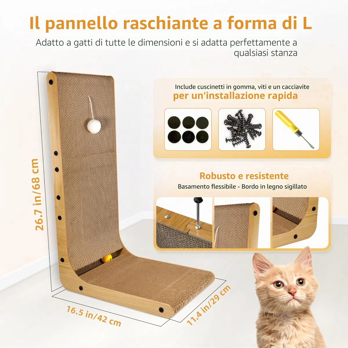 Tavoletta tiragraffi per gatti – in cartone ondulato – robusta e resistente – con erba gatta – ideale per la cura delle unghie e il gioco – forma piatta o ad L