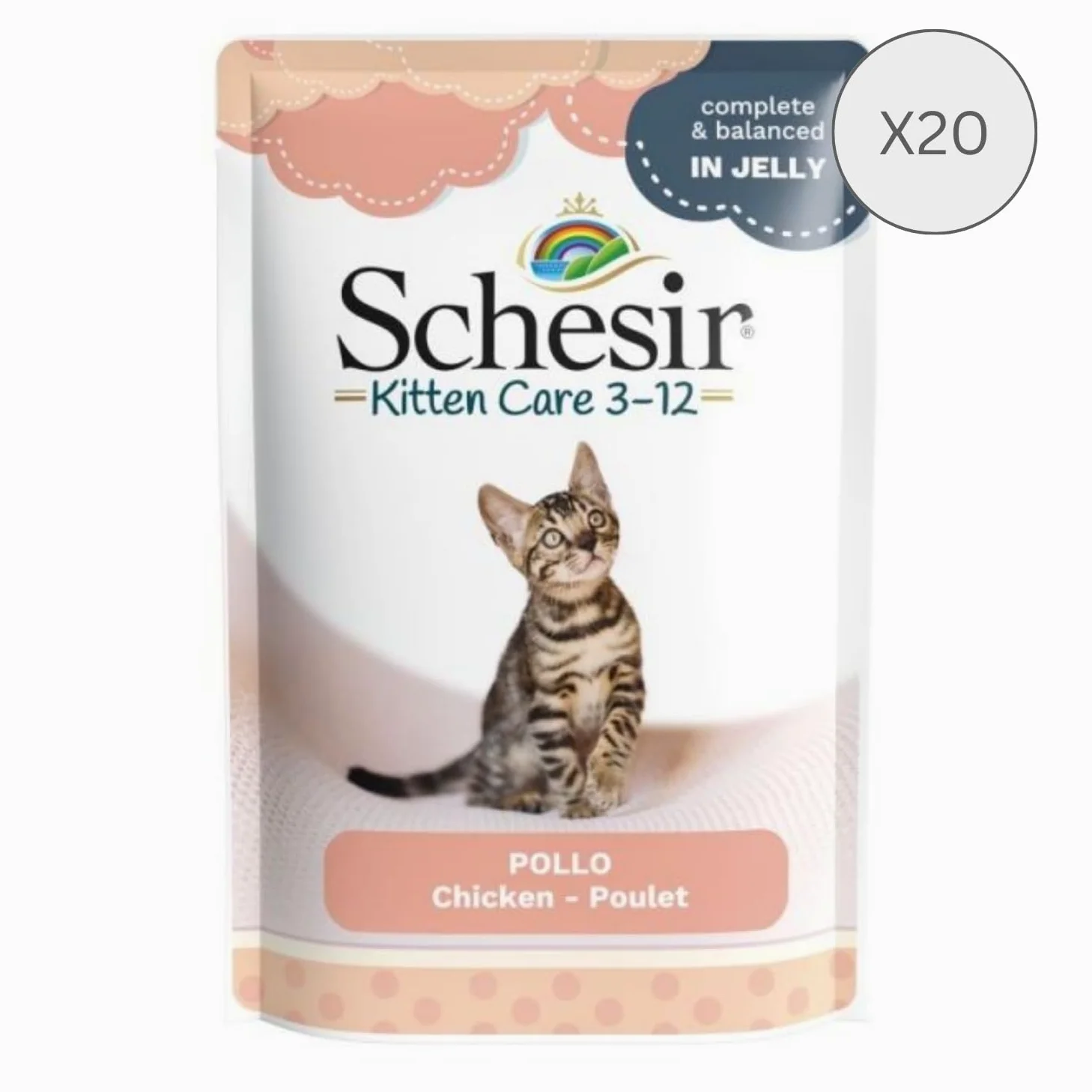 Schesir Cat Jelly Kitten filetto di pollo, cibo umido per gatti in gelatina, 20 sacchetti x 85 g