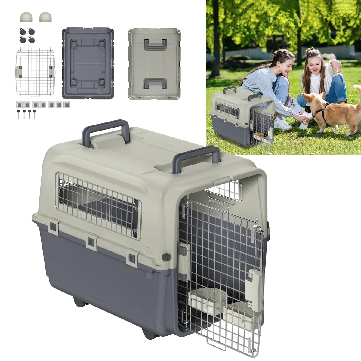 YUENFONG Trasportino per cani e gatti, con porta in ferro e prese d'aria, con cuscino e ciotola, 67 x 51 x 58,5 cm, con ruote e finestra in metallo