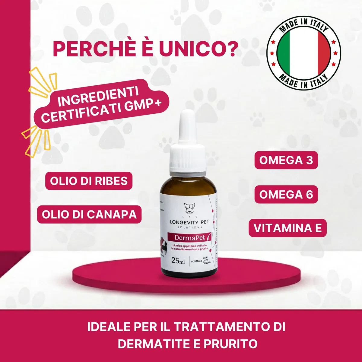 DermaPet Integratore Dermatite per Cute Cani e Gatti | Lenitivo Anti Rossore Naturale con Olio di Ribes | Prurito Cane e Gatto | 25ml | Integratori Olio contro Dermatiti Made in Italy | Longevity Pet