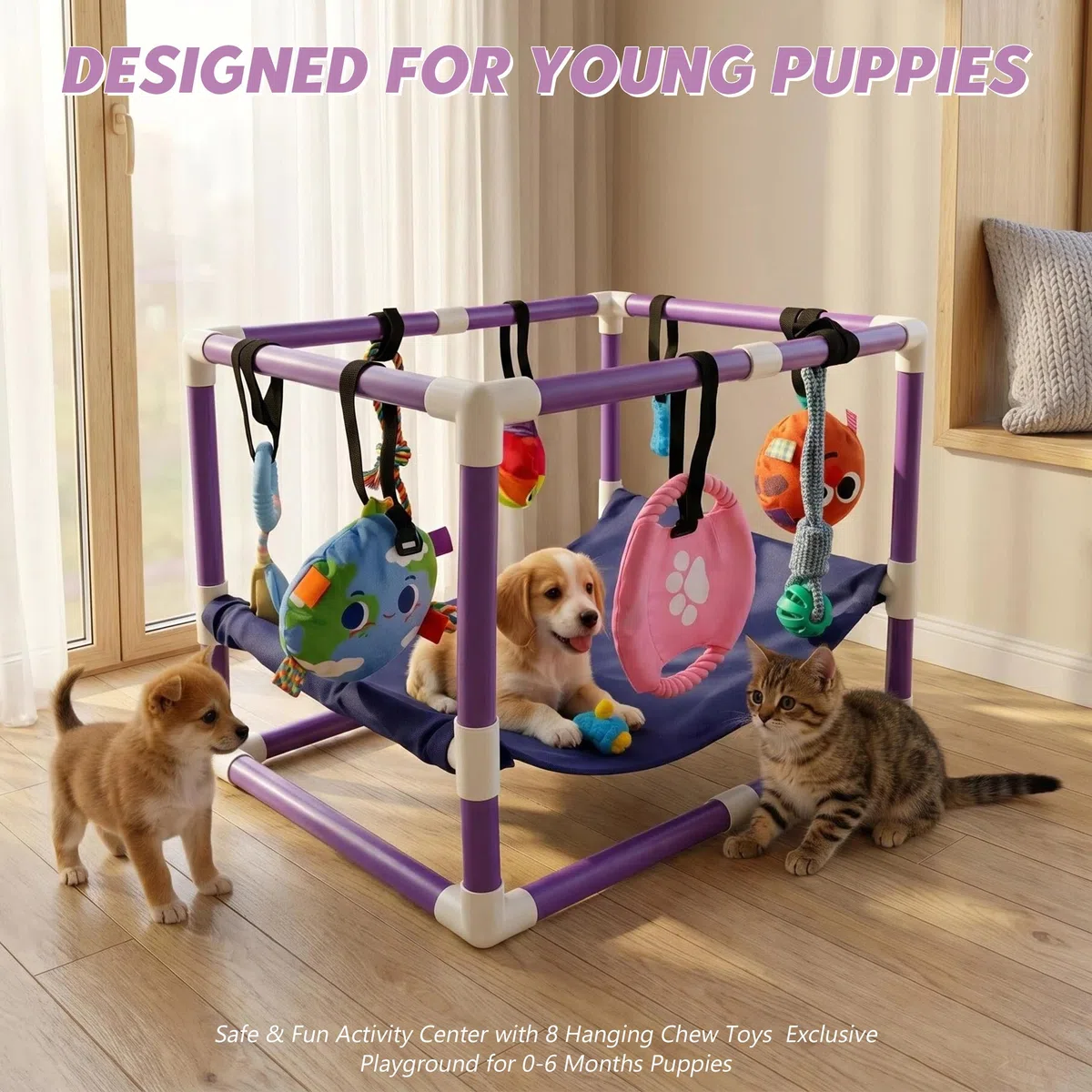 Parco giochi per cuccioli, con 8 giocattoli, parco giochi per cani di piccola taglia, centro attività per cani, telaio in PVC, amaca, giocattolo per addestramento, calma al chiuso
